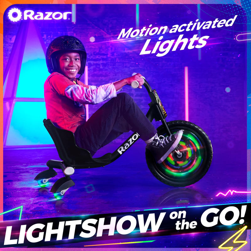 Razor RipRider 360 Lightshow – Trike with Rear Casters and with Motion-Activated Multi-Color Lights, 3 Wheeled Drifting Ride-On for Kids Ages 5 and Up