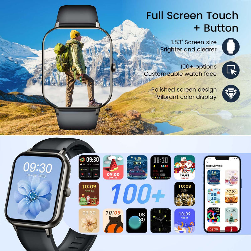 Smartwatch Fitness Watch with Bluetooth Call: 1.83”Smart Watch for Men with Heart Rate Oxygen Blood Pressure Monitor Sleep Tracker 123 Sports Step Counter Waterproof Activity Trackers for Android iOS