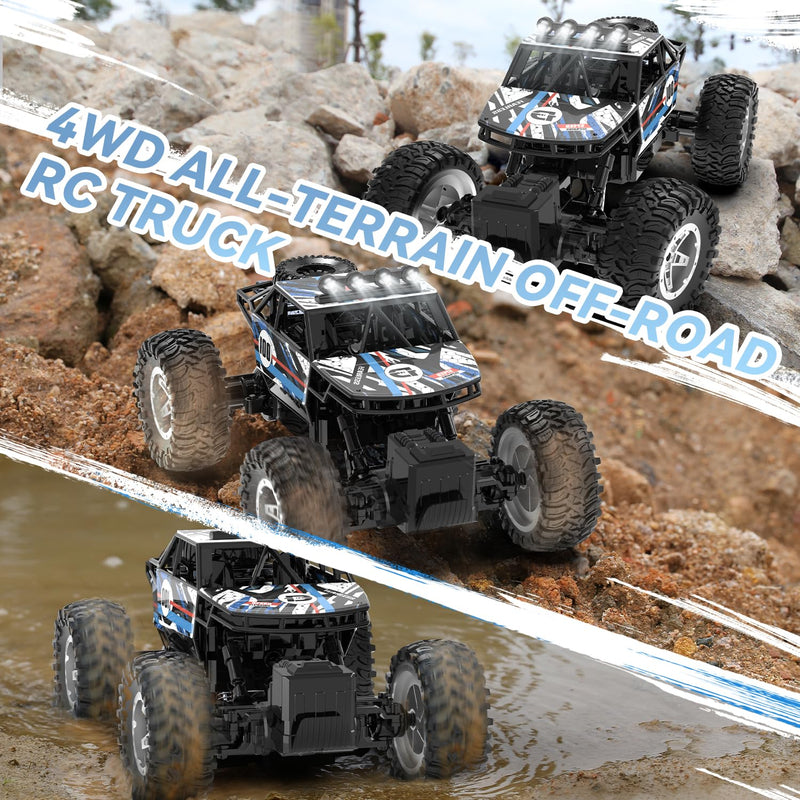 DEERC DE45 1:14 Remote Control Truck, RC Car Toy Rock Crawler, 4WD Off Road Monster Truck with Metal Shell Dual Motors LED Headlight 90 Min Play