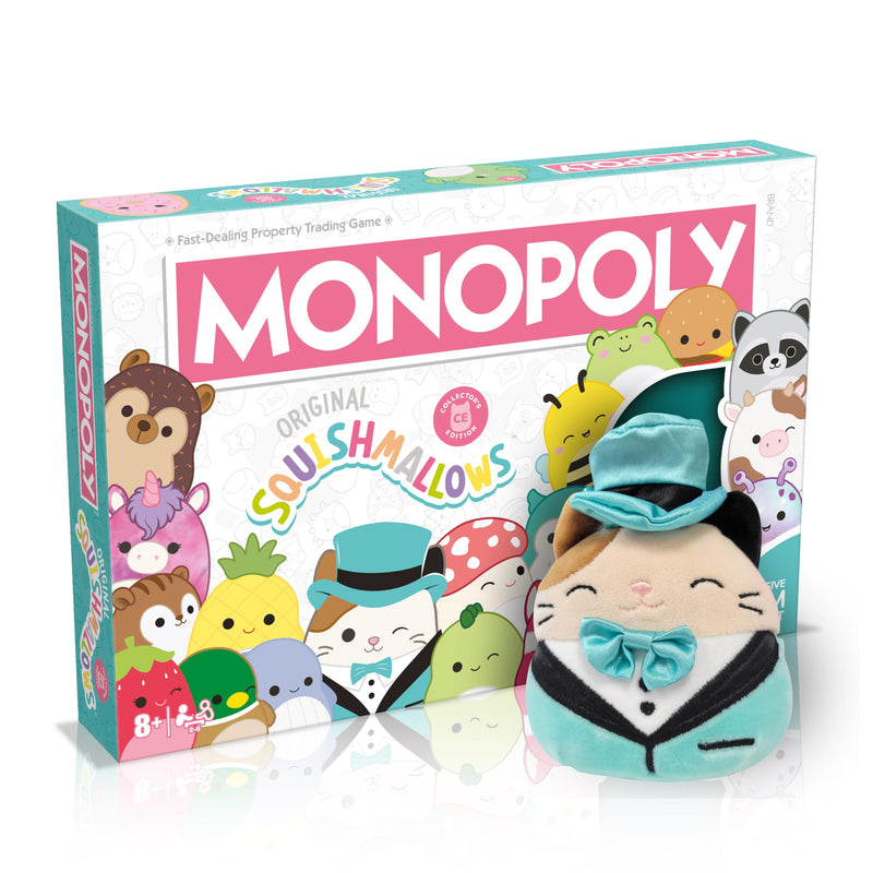 Winning Moves Squishmallows Monopoly Board Game Collectors Edition, Play with Fifi the Fox, Rosie the pig and Brock the Bulldog, includes an exclusive 4" Cam the Cat plush, great gift for ages 8 plus