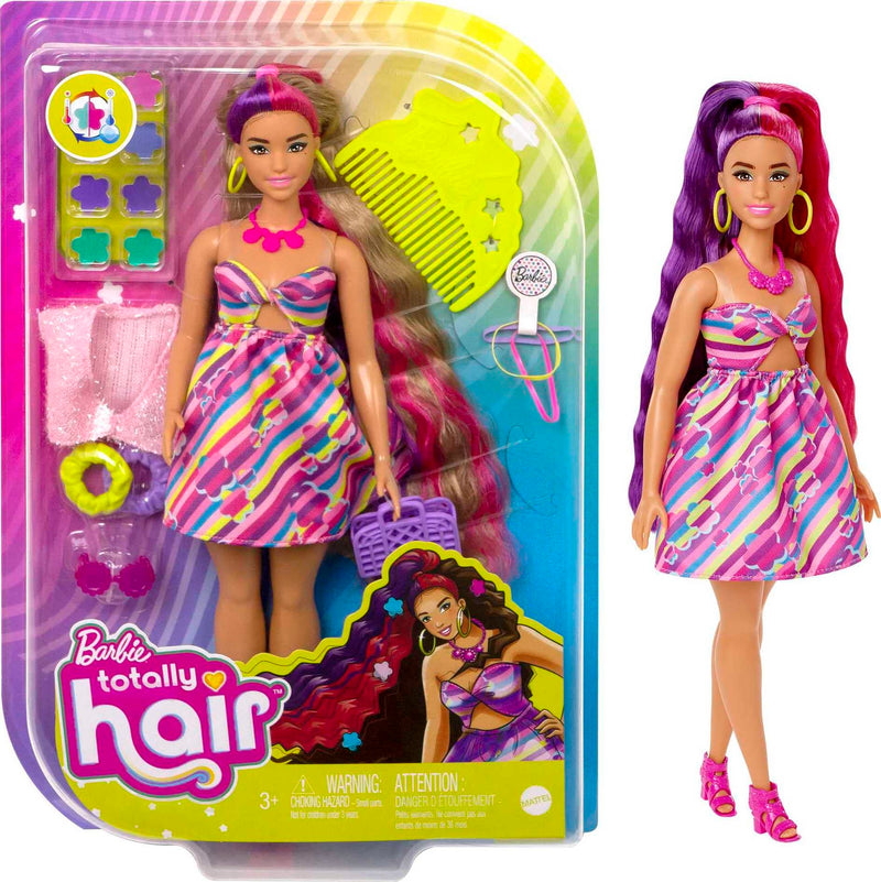 Barbie Totally Hair Flower-Themed Doll, Curvy, 8.5 inch Fantasy Hair, Dress, 15 Hair & Fashion Play Accessories (8 with Color Change Feature) for Kids 3 Years Old & Up, HCM89