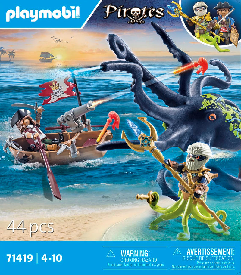 Playmobil 71419 Pirates: Battle with the Giant Octopus, Pirates vs. Deepers, octopus with water-spraying function and firing cannon, fun imaginative role-play, playsets suitable for children ages 4+