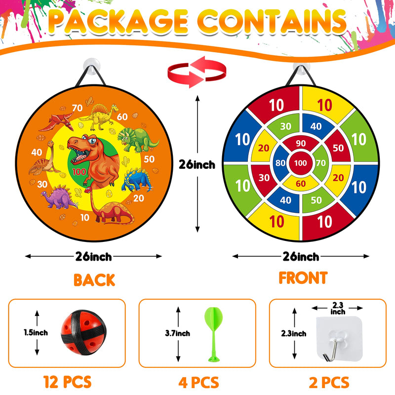 26 Inches Kids Dart Board Set,Montessori Toy Dinosaur Theme Double Sided with 12 Sticky Balls,Indoor Outdoor Party Games Toys Gifts for 3 4 5 6 7 8 9 10 11 12 Year Old Boy Girl and Adult