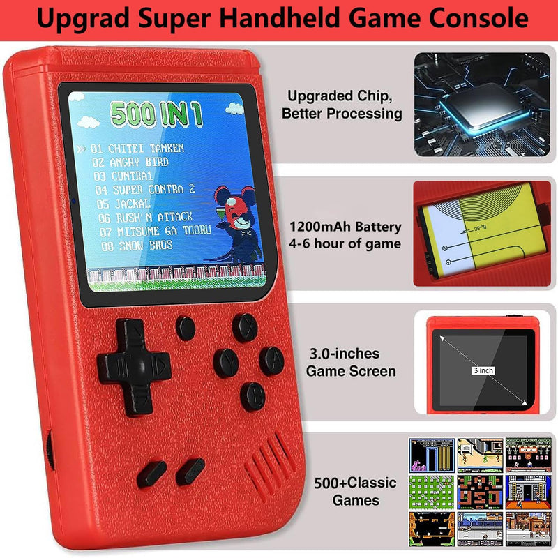 Handheld Game Console with 1200mAh Rechargeable Battery, 500 Classic Games 3.0-Inch Screen Support TV Connection & Two Players, Portable Game Console Ideal Christmas or Birthday Gift for Kids Adult