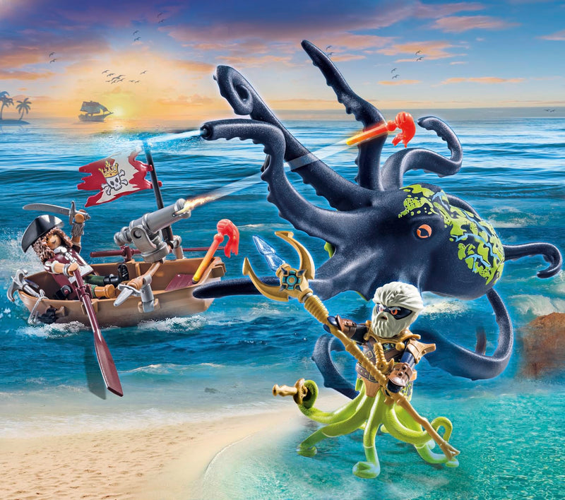 Playmobil 71419 Pirates: Battle with the Giant Octopus, Pirates vs. Deepers, octopus with water-spraying function and firing cannon, fun imaginative role-play, playsets suitable for children ages 4+