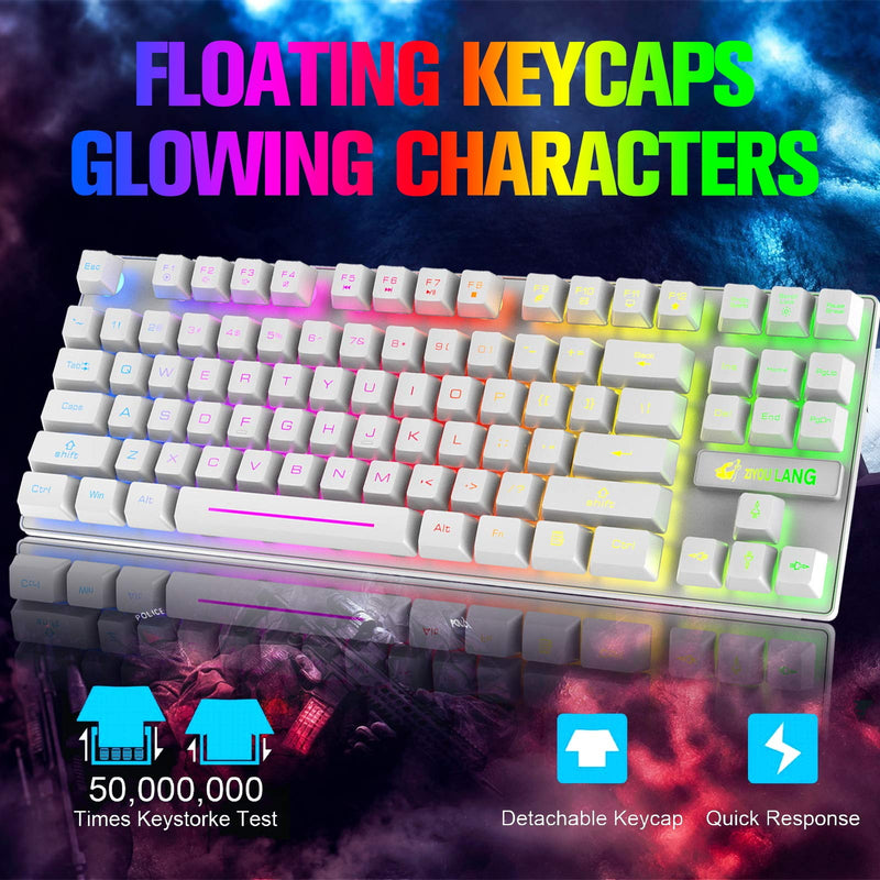 RGB Wireless Gaming Keyboard and Mouse, 87 Key Rainbow LED Backlit 2.4G Rechargeable 3800mAh Battery Mechanical Feel Gaming Keyboard + LED Gaming Wireless Mouse + Mouse Pad, for Gamer or Office, White