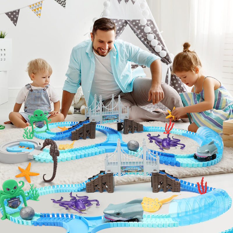 VATOS Track Toys, 183 Pcs Race Car Toys for Boys Girls 3 4 5 6 7 9 Year, Bendable Flexible Racetrack Cars with Shark & Ball, Ocean Theme Train Toys, STEM Educational Playset Birthday Gift