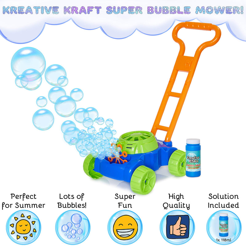 KreativeKraft Lawn Bubble Mower Push Along Toy Lawnmower For Kids And Toddlers With Bubble Machine Soapy Solution Included | Gift Idea For Children From Age 5 | Garden Play Tools And Accessories