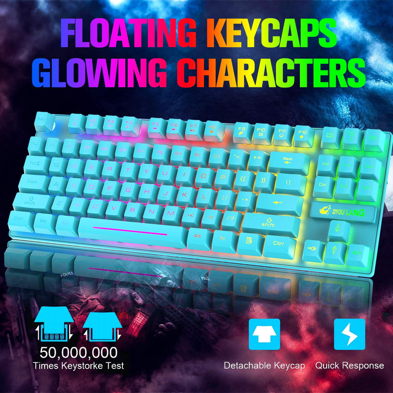 Wireless Keyboard Mouse Combo, Rainbow Backlit 2.4G Rechargeable 3800mAh Battery 87 Keys Gaming Keyboard + 2400DPI 6 Buttons Optical LED Gaming Wireless Mouse + Mouse Pad, for PC Mac, Game, Blue