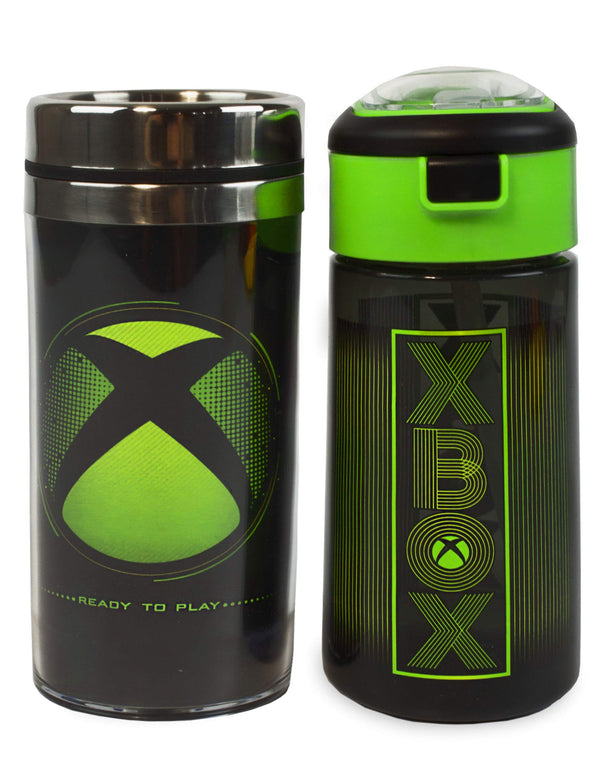 Xbox Water Bottle & Travel Mug Gift Set For Adults & Kids | Gaming Sports Drink 18oz & Stainless Steel Flask 14oz | Black & Green Waterproof Drinking Cups