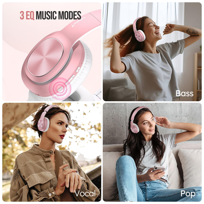 TuneFlux Wireless Bluetooth Headphones Over Ear, 80H Playtime, 3EQ Sound Modes, HiFi Stereo Headphones with Deep Bass Microphone, Foldable Bluetooth 5.3 Headphones-Rose Gold