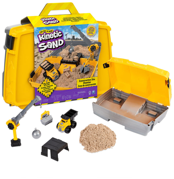 Kinetic Sand, Construction Site Folding Sandbox Playset with Vehicle and 907g, for Kids Aged 3 and Up