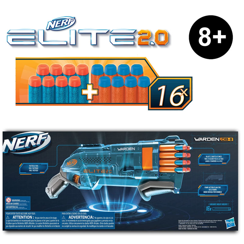 Nerf Elite 2.0 Warden DB-8 Blaster, 16 Official Nerf Darts, Blast 2 Darts At Once, Tactical Rail, Slam Fire