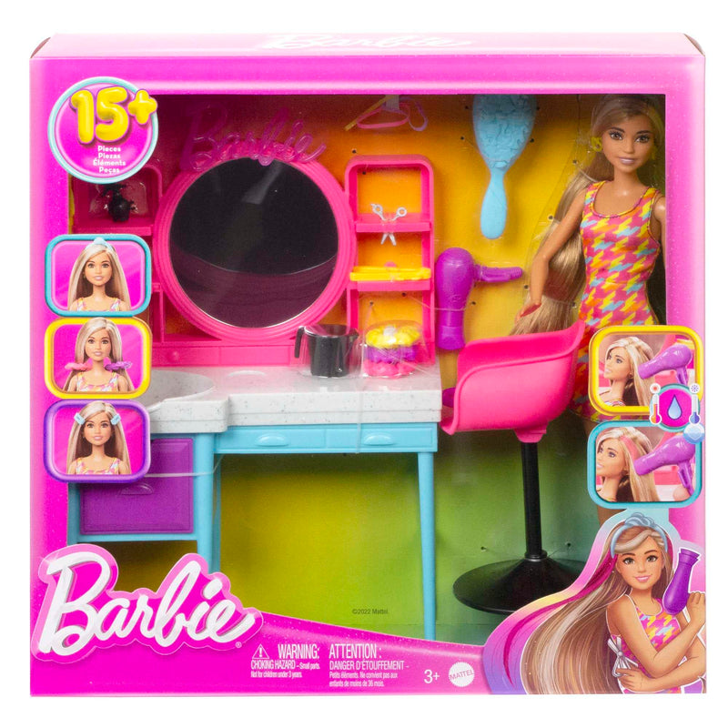 Barbie Doll and Hair Salon Playset, Long Color-Change Hair, Houndstooth-Print Dress, 15 Styling Accessories, HKV00