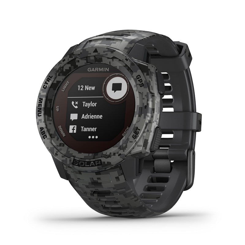 Garmin Instinct SOLAR, Rugged GPS Smartwatch, Built-in Sports Apps and Health Monitoring, Solar Charging and Ultratough Design Features, Graphite Camo