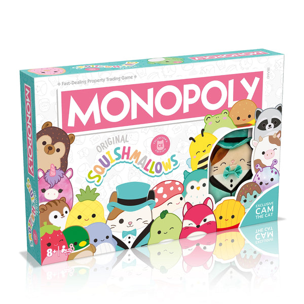 Winning Moves Squishmallows Monopoly Board Game Collectors Edition, Play with Fifi the Fox, Rosie the pig and Brock the Bulldog, includes an exclusive 4" Cam the Cat plush, great gift for ages 8 plus