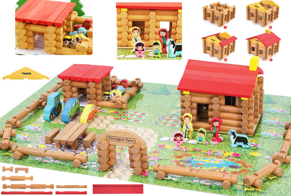 TOWO Wooden Logs Toys Farm Playset- Wooden Logs Building Set Farm House Wooden Construction Toys 207 Pieces Animal Farm - Wooden Building Toys for 3 4 5 6 year olds