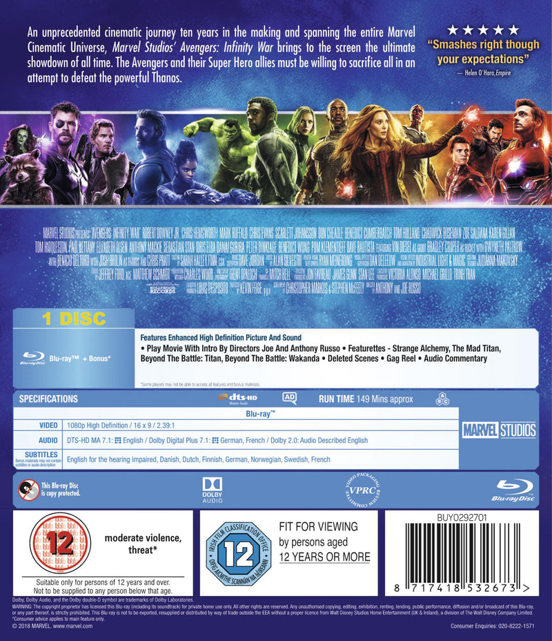 Marvel Studios Avengers: Infinity War [Blu-ray] [2018] [Region Free]