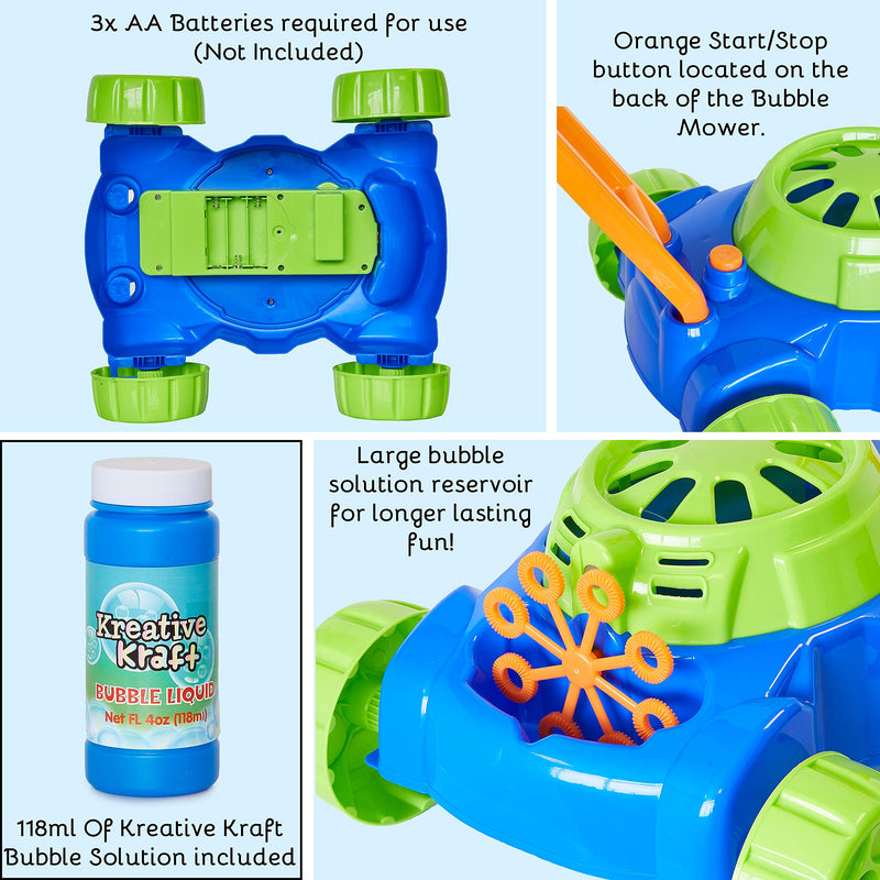 KreativeKraft Lawn Bubble Mower Push Along Toy Lawnmower For Kids And Toddlers With Bubble Machine Soapy Solution Included | Gift Idea For Children From Age 5 | Garden Play Tools And Accessories