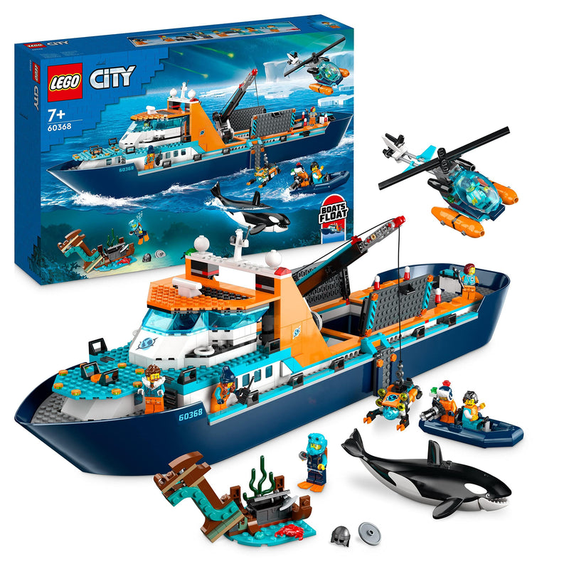 LEGO 60368 City Arctic Explorer Ship, Large Toy Boat that Floats with a Helicopter, Dinghy, Sub, Viking Shipwreck, 7 Minifigures and an Orca Figure, Gift for 7+ Year Old Kids, Boys, Girls