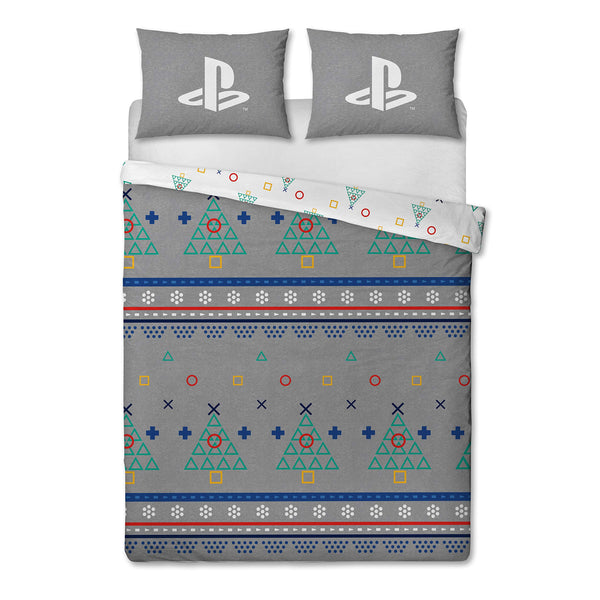 Playstation Christmas Double Duvet Cover Officially Licensed Reversible Two Sided Christmas Bedding Design with Matching Pillowcase, Polycotton, Grey