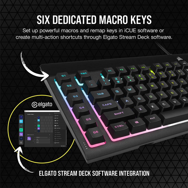 CORSAIR K55 RGB PRO XT Membrane Wired Gaming Keyboard – IP42 Dust and Spill-Resistant – 6 Macro Keys with Elgato Integration – iCUE Compatible – QWERTY UK – PC, Mac, Xbox – Black