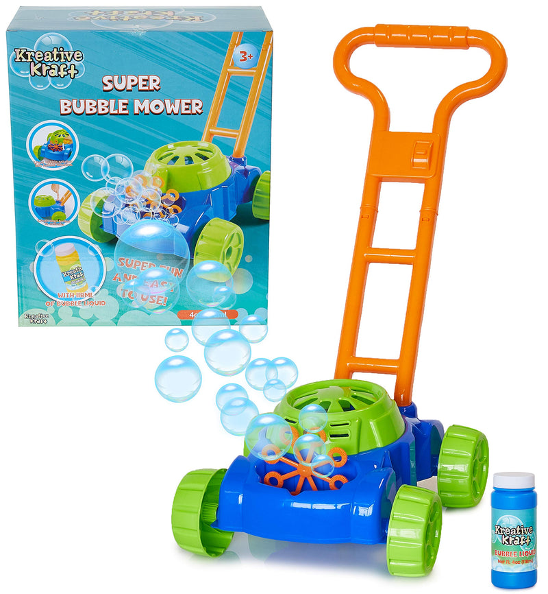 KreativeKraft Lawn Bubble Mower Push Along Toy Lawnmower For Kids And Toddlers With Bubble Machine Soapy Solution Included | Gift Idea For Children From Age 5 | Garden Play Tools And Accessories