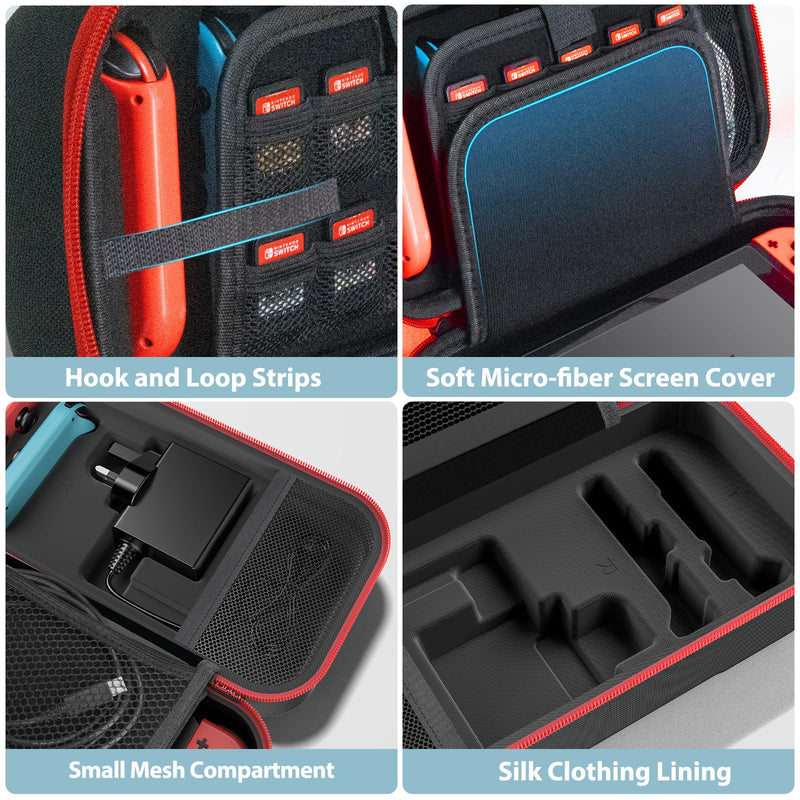 Switch OLED Carrying Case Compatible with Nintendo Switch/OLED Model, Portable Switch Travel Carry Case Fit for Joy-Con and Adapter, Hard Shell Protective Switch Pouch Case with 20 Games, Red