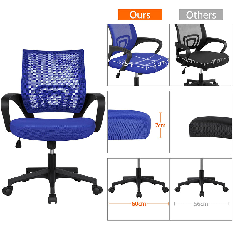 Yaheetech Office Chair Computer Chair Mid Back Adjustable Desk Chair with Lumbar Support Armrest, Swivel Mesh Task Gaming Chair for Home Office Study Blue