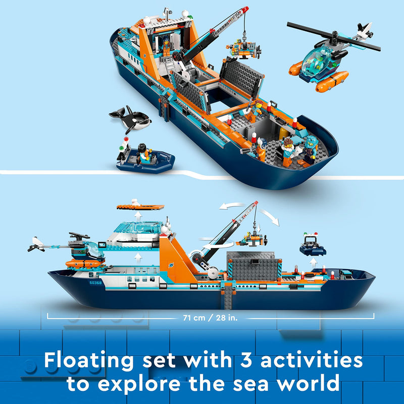 LEGO 60368 City Arctic Explorer Ship, Large Toy Boat that Floats with a Helicopter, Dinghy, Sub, Viking Shipwreck, 7 Minifigures and an Orca Figure, Gift for 7+ Year Old Kids, Boys, Girls