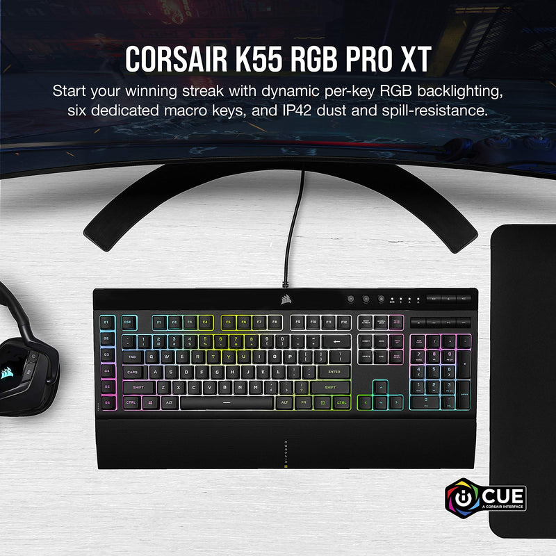 CORSAIR K55 RGB PRO XT Membrane Wired Gaming Keyboard – IP42 Dust and Spill-Resistant – 6 Macro Keys with Elgato Integration – iCUE Compatible – QWERTY UK – PC, Mac, Xbox – Black