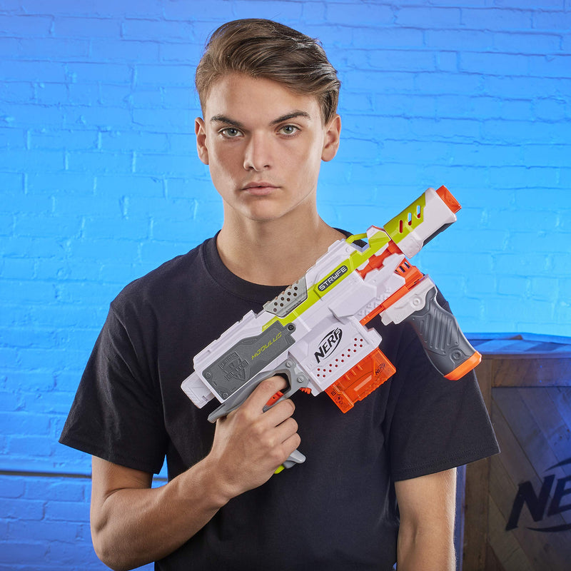 Nerf Stryfe Modulus Motorized Toy Blaster with Drop Grip, Barrel Extension, 6-Dart Clip, 6 Official Nerf Darts For Kids, Teens, and Adults