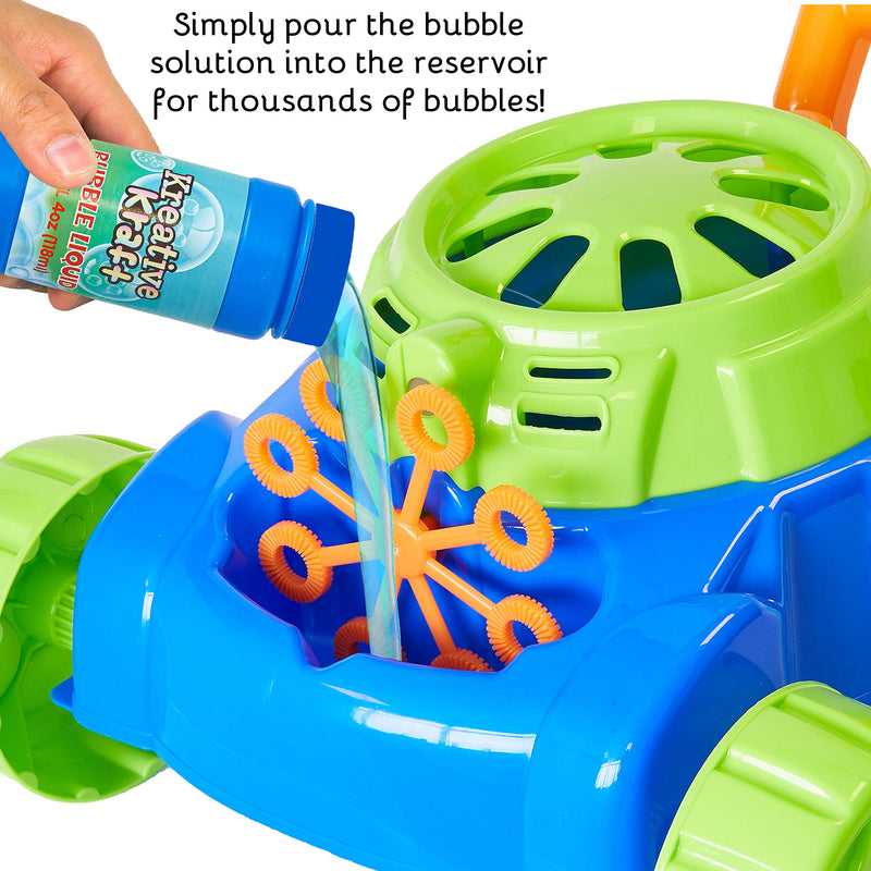 KreativeKraft Lawn Bubble Mower Push Along Toy Lawnmower For Kids And Toddlers With Bubble Machine Soapy Solution Included | Gift Idea For Children From Age 5 | Garden Play Tools And Accessories