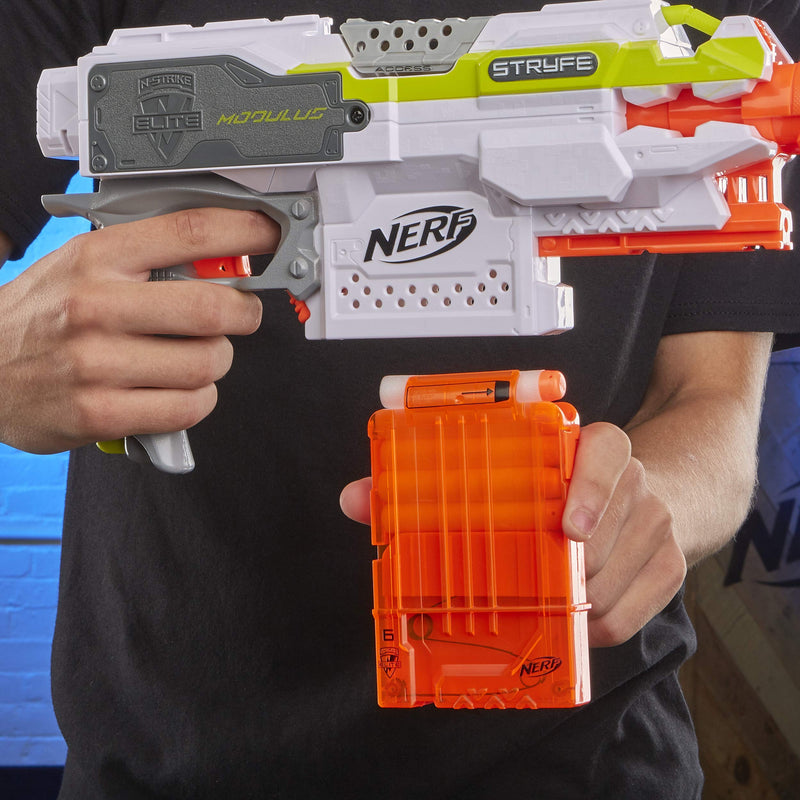 Nerf Stryfe Modulus Motorized Toy Blaster with Drop Grip, Barrel Extension, 6-Dart Clip, 6 Official Nerf Darts For Kids, Teens, and Adults