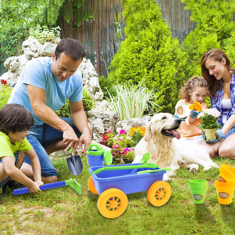 deAO Pull along Kids Wagon Wheelbarrow and Gardening Tools Play Set Includes 10 Accessories and 4 Plant Pots