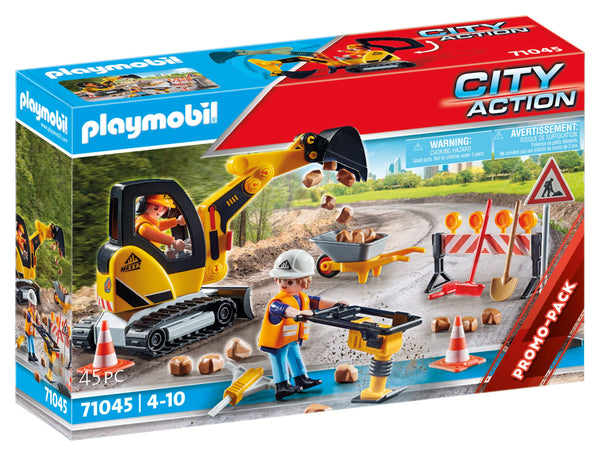 Playmobil 71045 Road Works Construction Zone Promo Pack, road works, building site, construction Toys, digger, Fun Imaginative Role-Play, PlaySets Suitable for Children Ages 4+