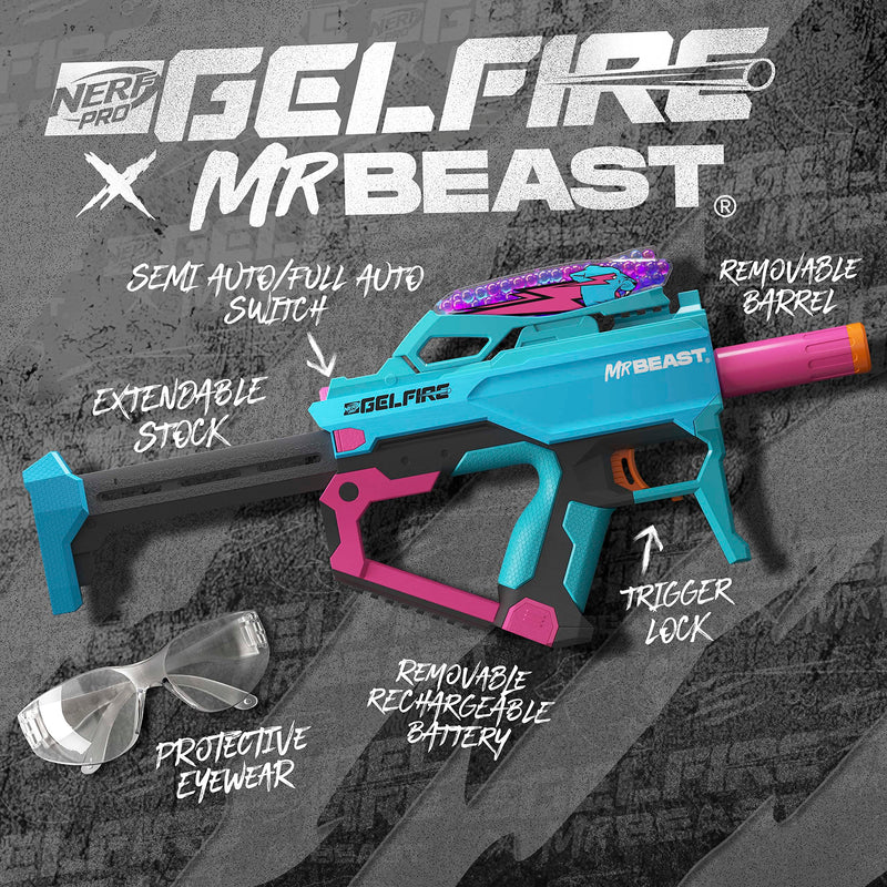 Nerf Pro Gelfire X MrBeast Blaster, 1600 Gelfire Rounds, 300 Round Hopper, Rechargeable Battery, Eyewear